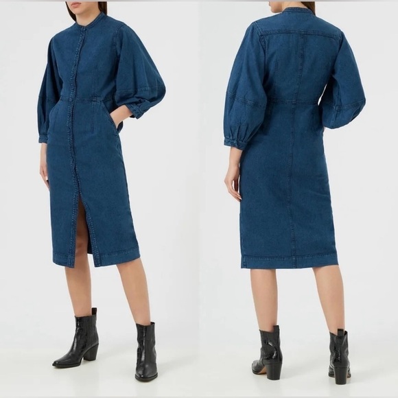 Joie Tallula Classic Denim Midi Utility Dress Balloon Sleeves - Picture 2 of 9